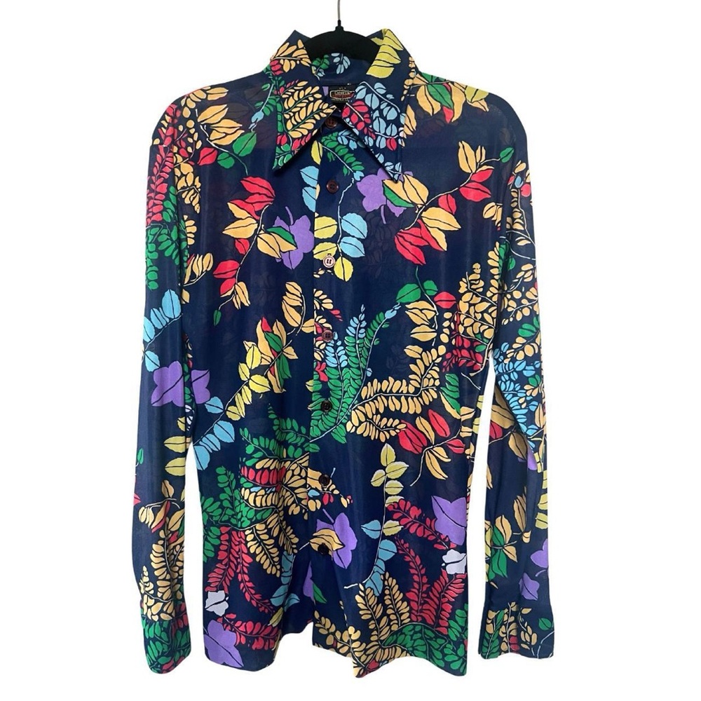 1970's Novelty Floral Sheer Campus Knit Collared Shirt
Men's: Large